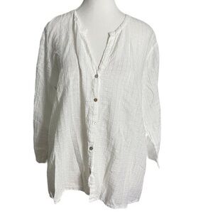 Eileen Fisher Women’s Size Small White Cotton Button Front V-Neck Tunic Blouse